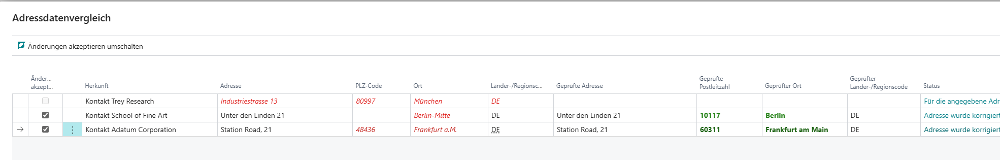 Adressdatenvergleich mit mehreren Zeilen, teils akzeptierten Änderungen und einer fehlgeschlagenen Prüfung