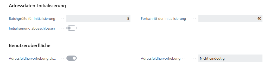 Inforegister Adressdaten-Initialisierung und Benutzeroberfläche mit laufendem Fortschritt