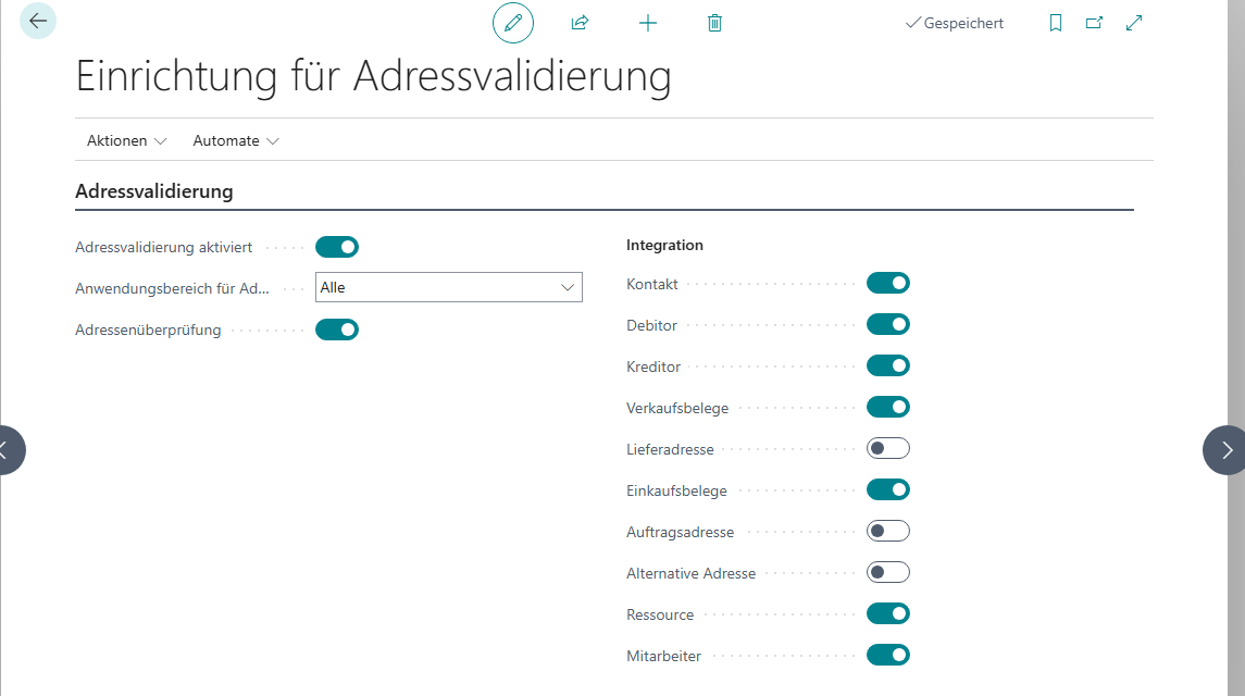 Inforegister Adressvalidierung mit den Feldern Ressource und Mitarbeiter in der Untergruppe Integration