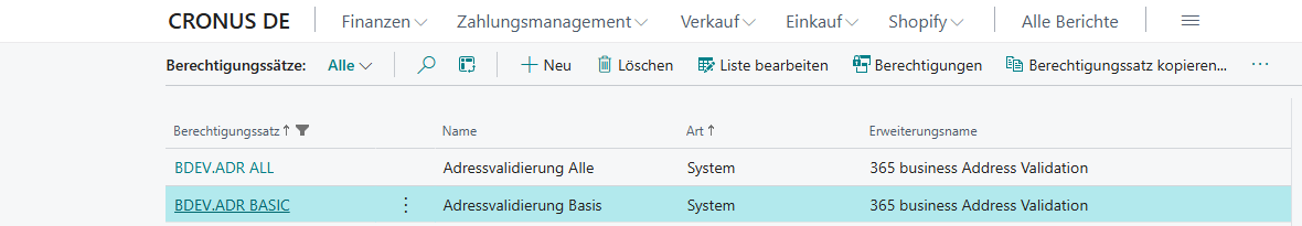 Liste der Berechtigungssätze gefiltert auf bdev.ADR