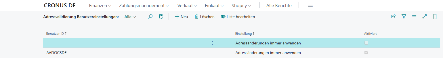 Liste der Benutzereinstellungen mit globaler und benutzerspezifischer Zeile