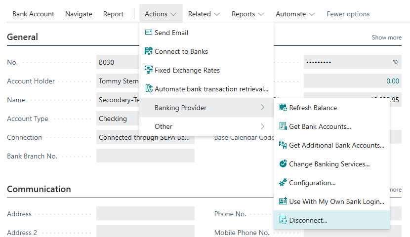 The bank account card with the Actions > Banking Provider menu open: Refresh Balance, Get Bank Accounts, Get Additional Bank Accounts, Change Banking Services, Configuration, Use With My Own Bank Login and Disconnect