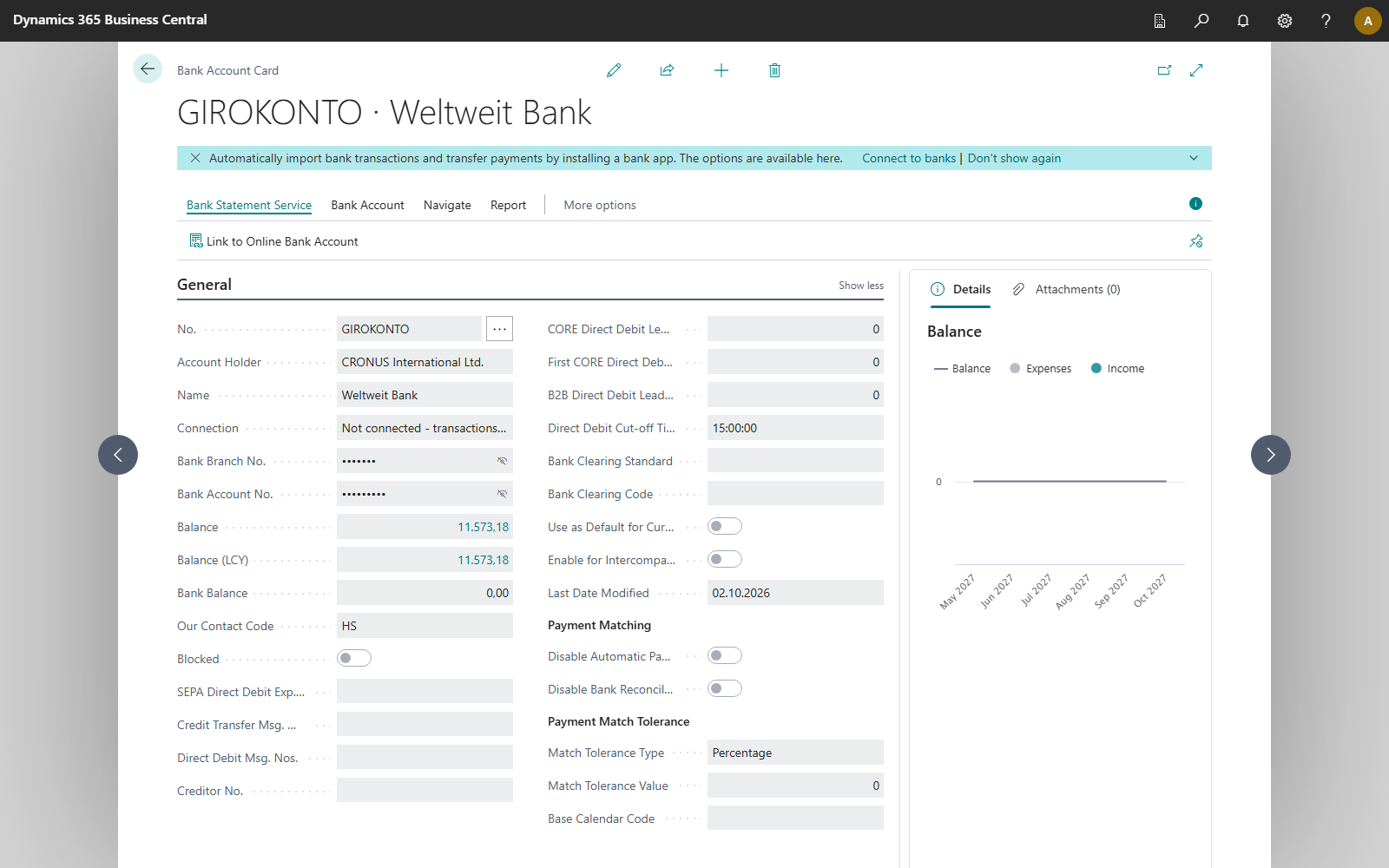 Bank Account Card, General FastTab with Direct Debit Cut-off Time 15:00:00 below the lead times; on the left the Connection line of an account that is not connected