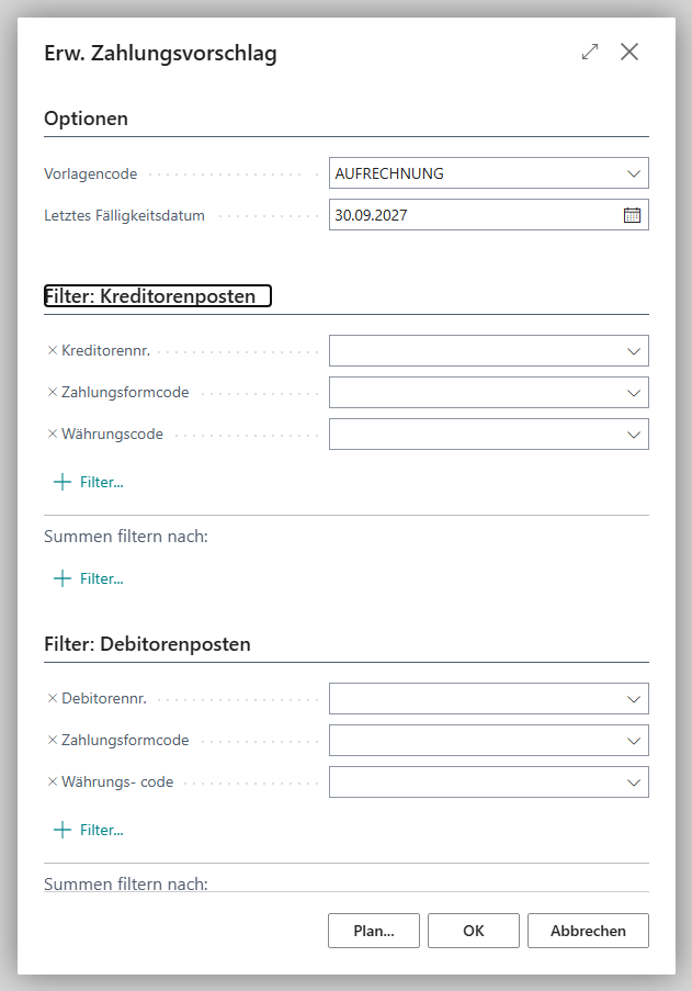 Anforderungsseite Erw. Zahlungsvorschlag mit Vorlagencode und Letztem Fälligkeitsdatum im Register Optionen sowie den Filterregistern für Kreditoren- und Debitorenposten