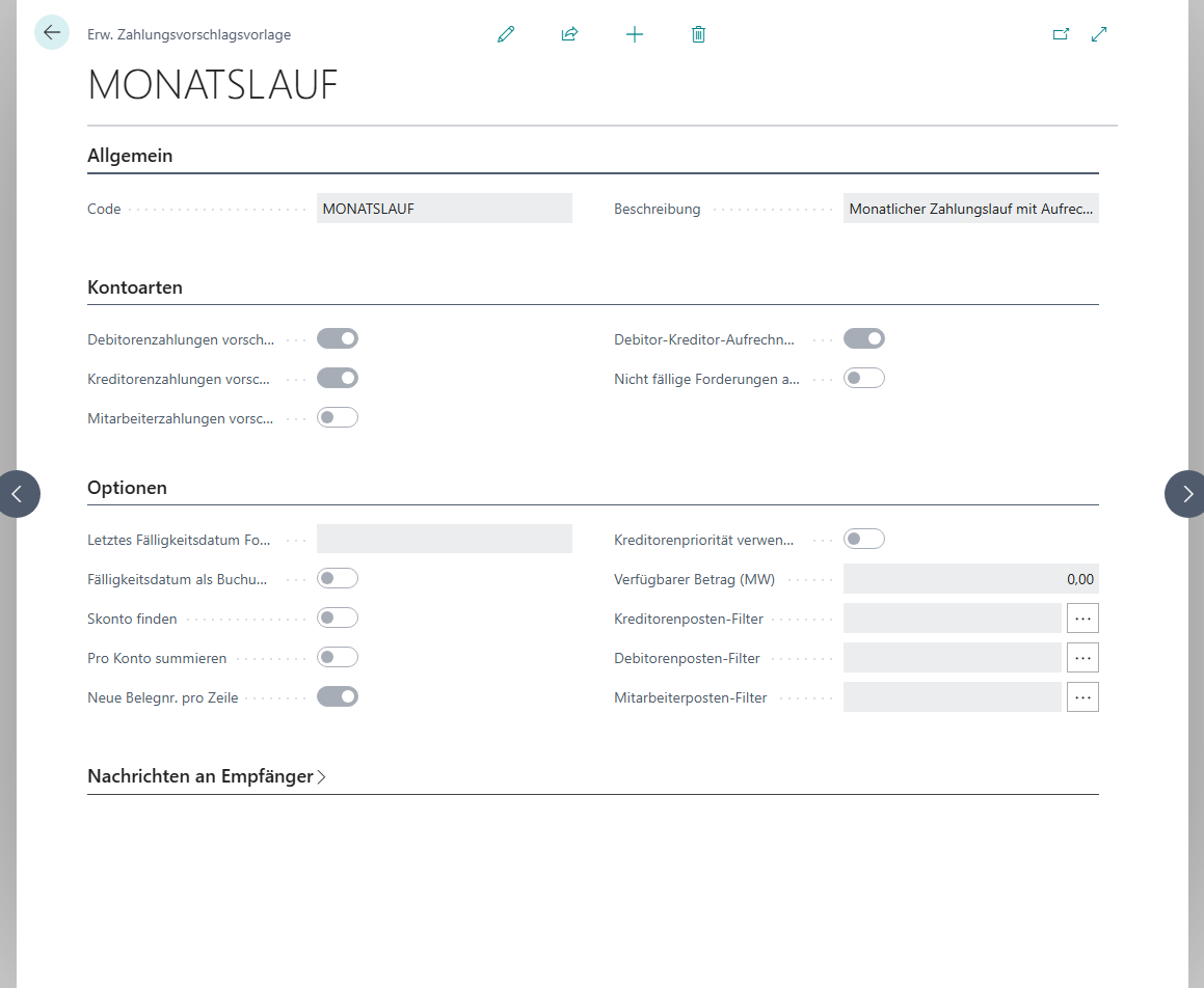 Die Karte Erw. Zahlungsvorschlagsvorlage mit den Inforegistern Allgemein, Kontoarten mit eingeschalteter Debitor-Kreditor-Aufrechnung, Optionen und Nachrichten an Empfänger