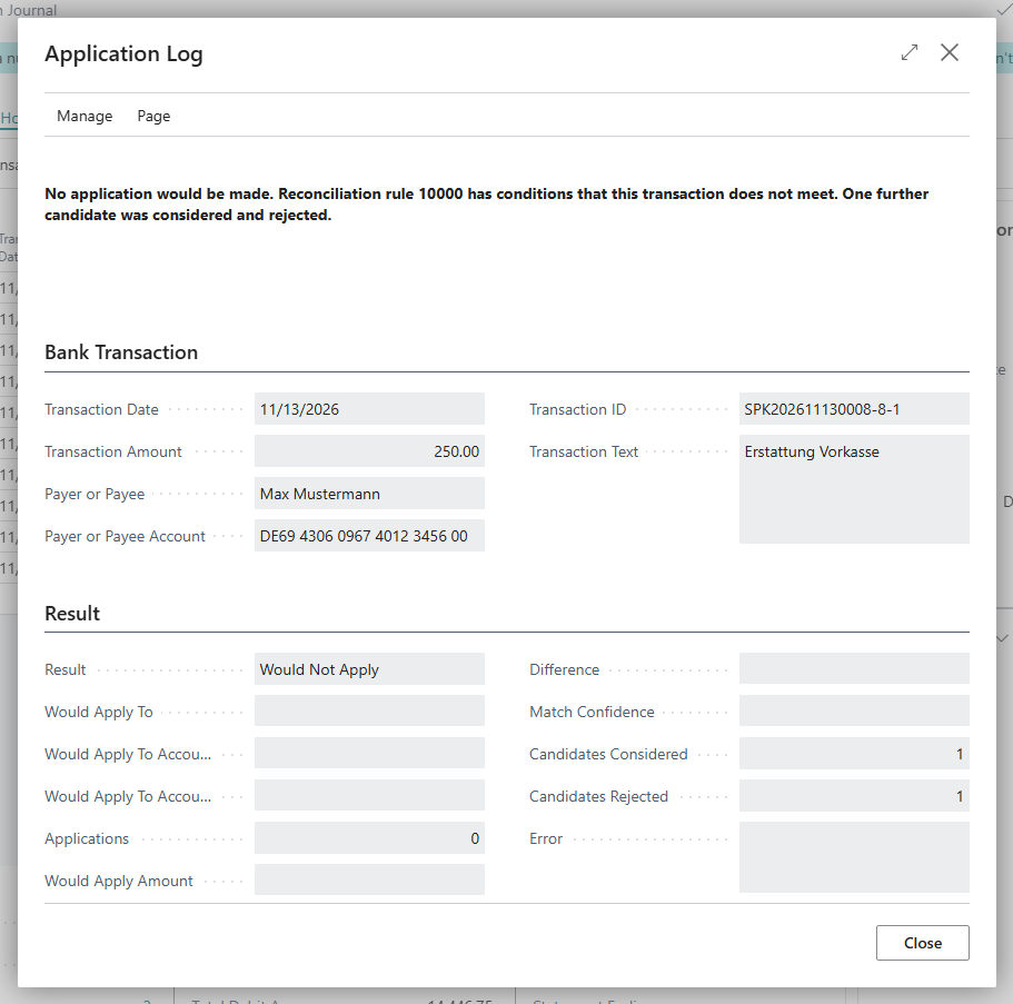 The Application Log of Check Quick Apply: "No application would be made.", result Would Not Apply, one candidate considered and rejected