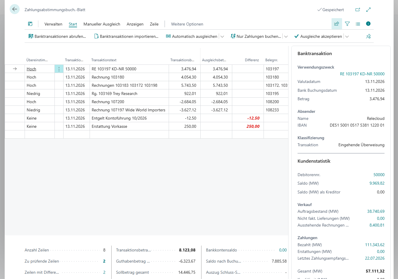 Das Zahlungsabstimmungsbuch.-Blatt mit der Infobox Banktransaktion: Verwendungszweck, Valutadatum, Bank Buchungsdatum, Betrag, Absender mit Name und IBAN, Klassifizierung Eingehende Überweisung, darunter die Infobox Kundenstatistik