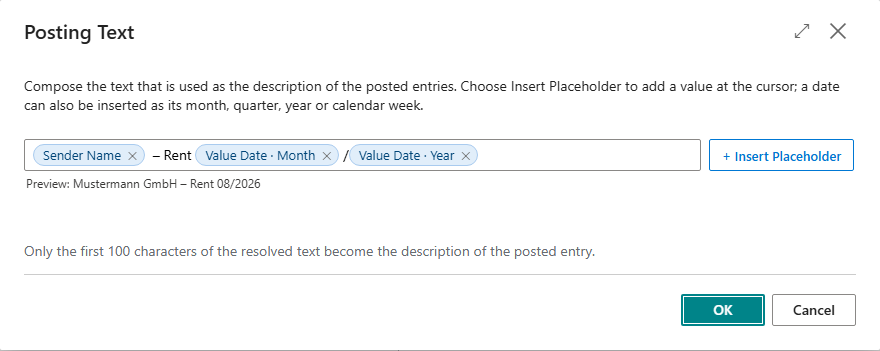 The Posting Text dialog: the text with the placeholders Sender Name, Value Date · Month and Value Date · Year, the Insert Placeholder button on the right, below it the preview with sample values and the note on the first 100 characters