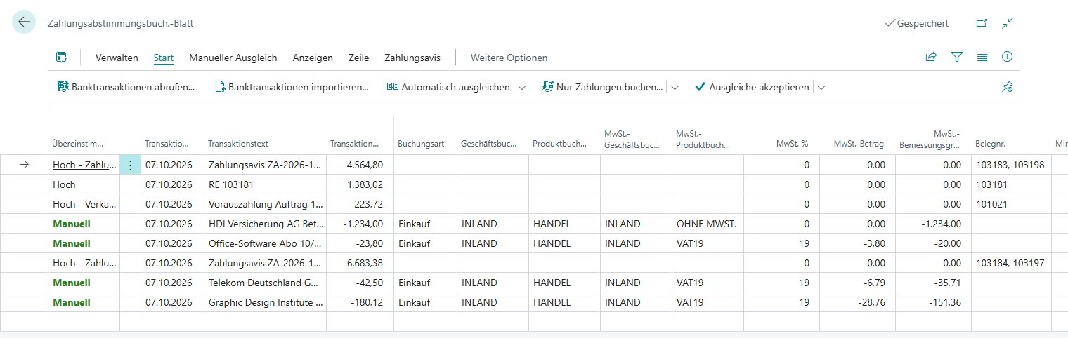 Zahlungsabstimmungsbuch.-Blatt mit Buchungsart, Buchungsgruppen und MwSt.-Buchungsgruppen je Zeile sowie den Spalten MwSt. %, MwSt.-Betrag und MwSt.-Bemessungsgrundlage, darunter eine Zeile ohne MwSt.