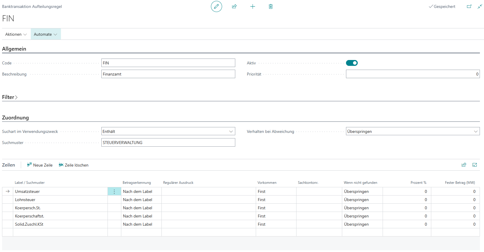 Banktransaktion Aufteilungsregel