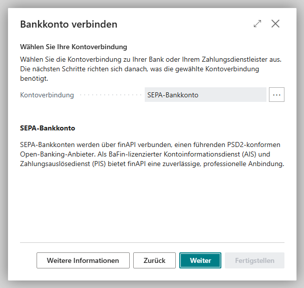 Der Schritt Wählen Sie Ihre Kontoverbindung mit dem Feld Kontoverbindung auf SEPA-Bankkonto und der Beschreibung von finAPI