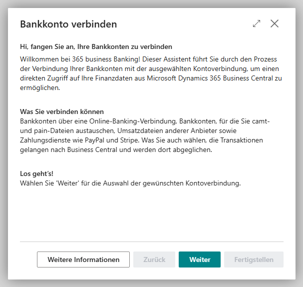 Der Startschritt des Assistenten Bankkonto verbinden: Hi, fangen Sie an, Ihre Bankkonten zu verbinden, darunter Was Sie verbinden können und Los geht's