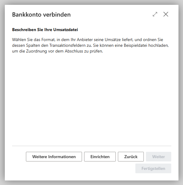 Schritt Beschreiben Sie Ihre Umsatzdatei im Assistenten Bankkonto verbinden mit der Schaltfläche Einrichten