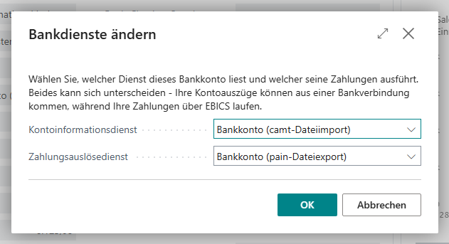 Der Dialog Bankdienste ändern mit den Feldern Kontoinformationsdienst Bankkonto (camt-Dateiimport) und Zahlungsauslösedienst Bankkonto (pain-Dateiexport)