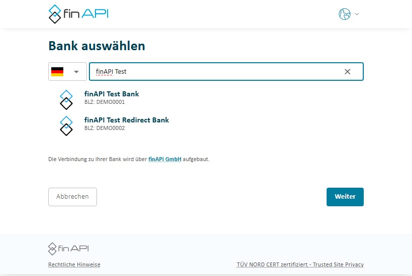 Das finAPI-Webformular mit der Bankauswahl: Land, das Suchfeld für Bank, BLZ, IBAN oder Stadt und die Sandbox-Banken finAPI Test Bank und finAPI Test Redirect Bank als Treffer