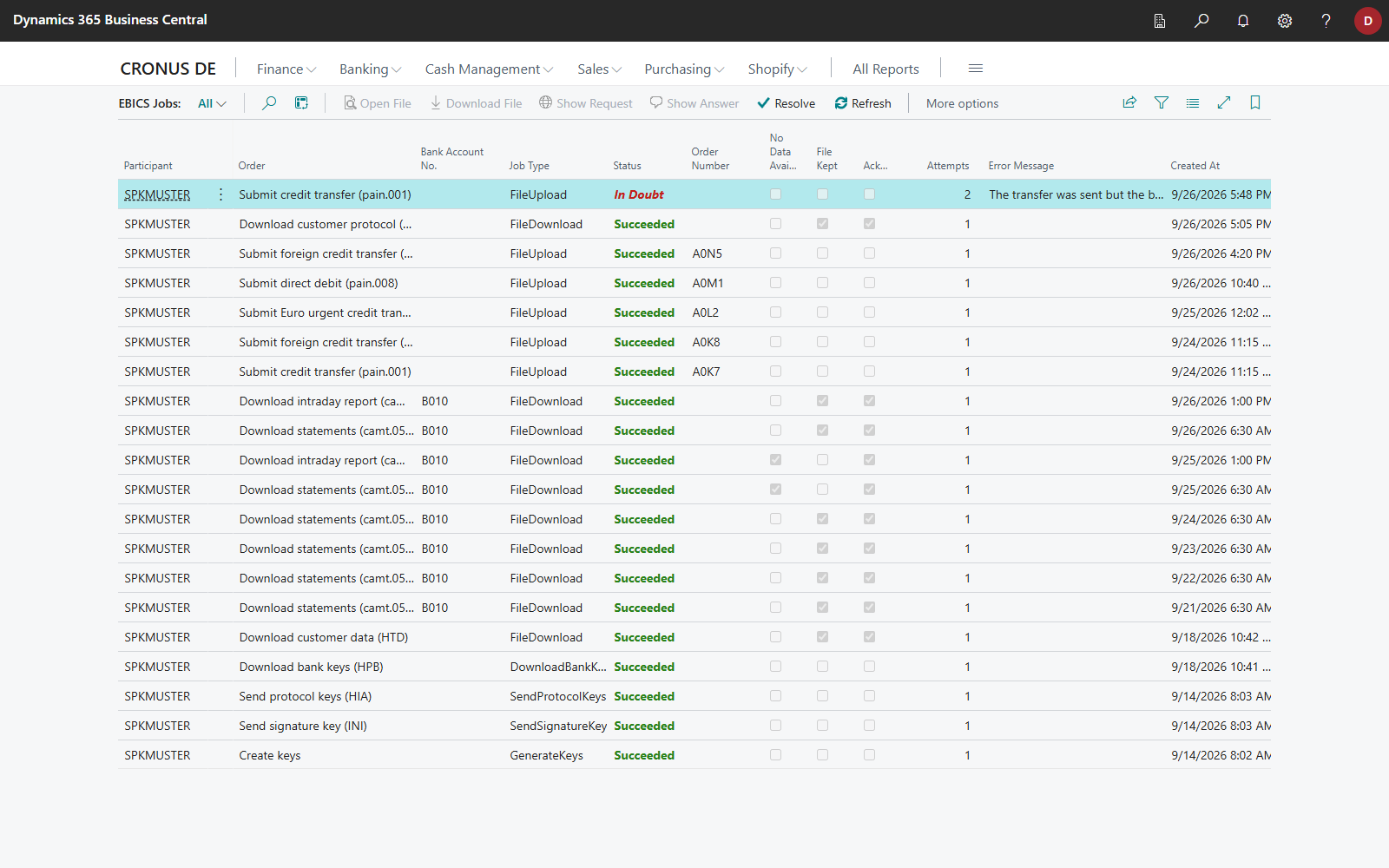 The EBICS Jobs page with key orders, daily statement retrievals with Bank Account No. and File Kept, submissions with order number and one job In Doubt