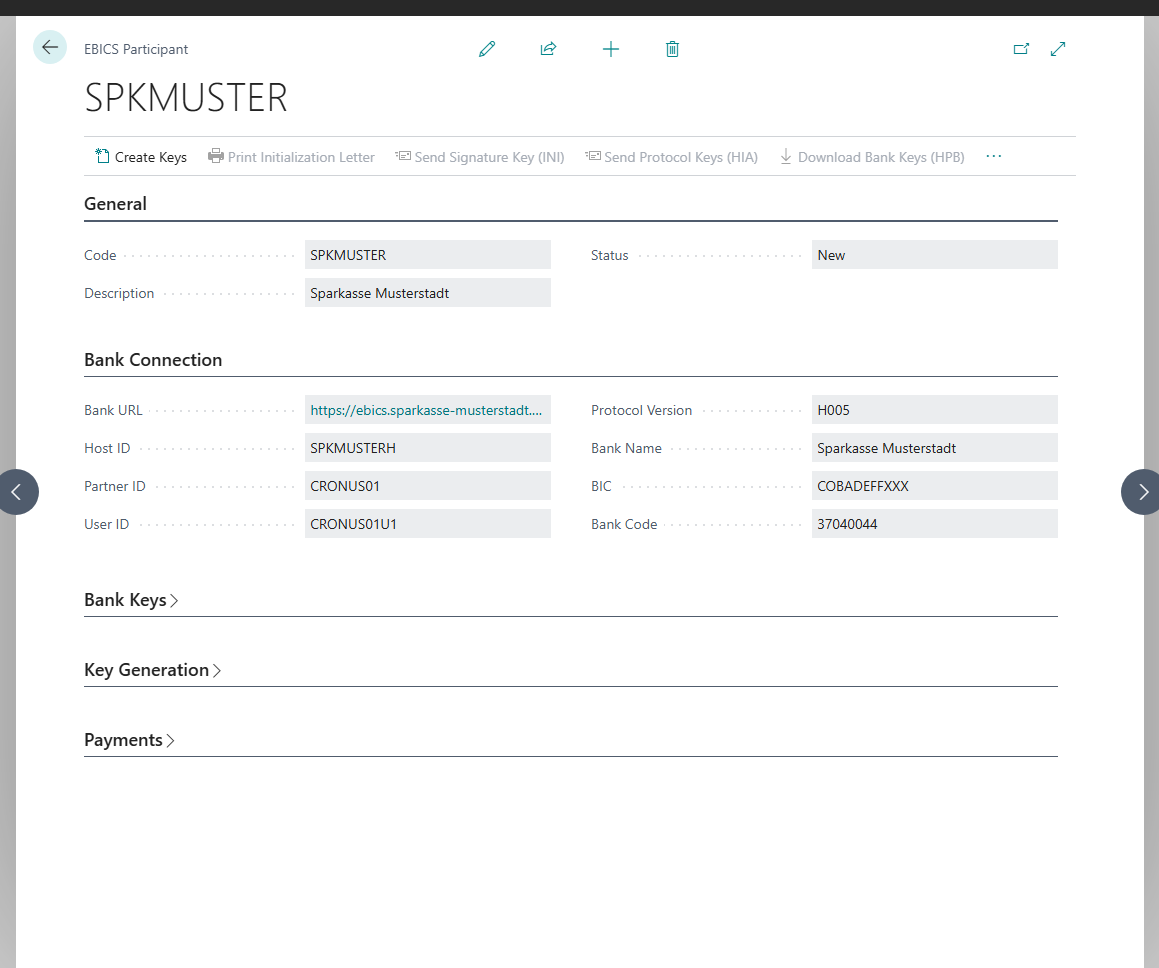 EBICS participant SPKMUSTER with the General and Bank Connection FastTabs filled in, status New, protocol version H005