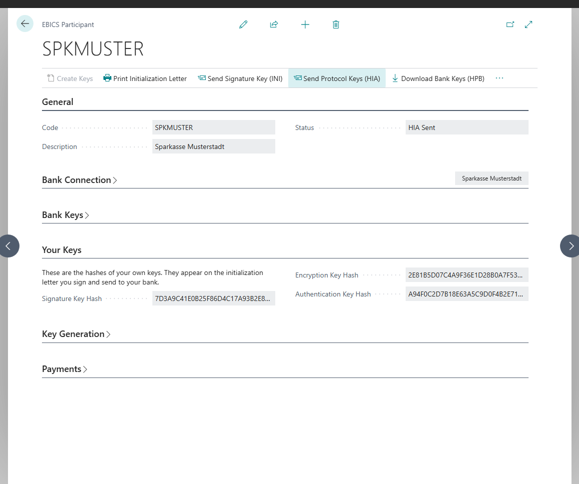 EBICS participant SPKMUSTER with the status HIA Sent