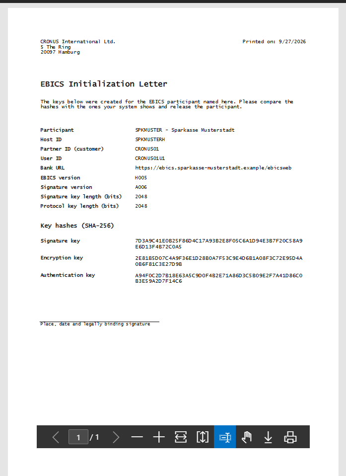 Preview of the EBICS initialization letter with participant, host ID, partner ID, user ID, EBICS version, signature version, key lengths and the hashes of the three keys