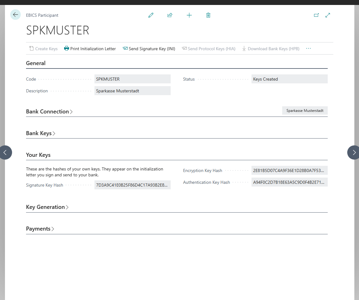 EBICS participant SPKMUSTER after Create Keys: status Keys Created, the Your Keys FastTab with the hashes of the signature, encryption and authentication keys