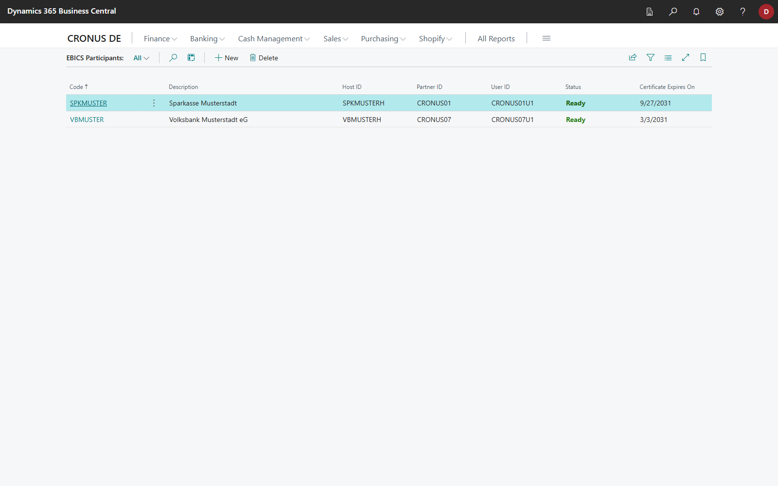 The EBICS Participants list with code, description, host ID, partner ID, user ID, status and certificate expiry