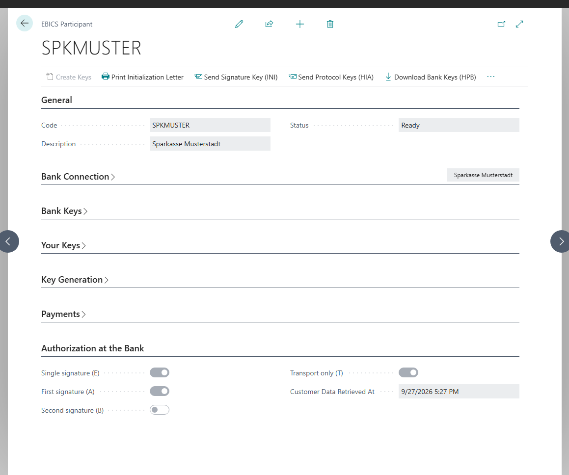 EBICS participant SPKMUSTER with the status Ready; the Authorization at the Bank FastTab shows single signature, first signature, transport only and Customer Data Retrieved At