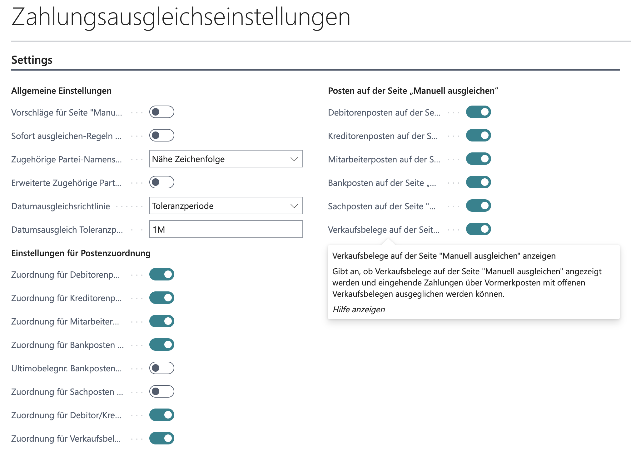 Zahlungsausgleichseinstellungen mit den beiden Verkaufsbeleg-Optionen