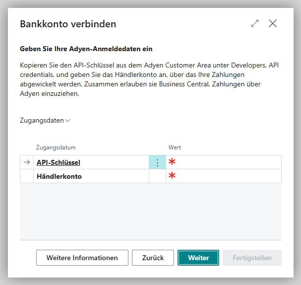 Der Schritt Geben Sie Ihre Adyen-Anmeldedaten ein im Assistenten Bankkonto verbinden mit den Zugangsdaten API-Schlüssel und Händlerkonto