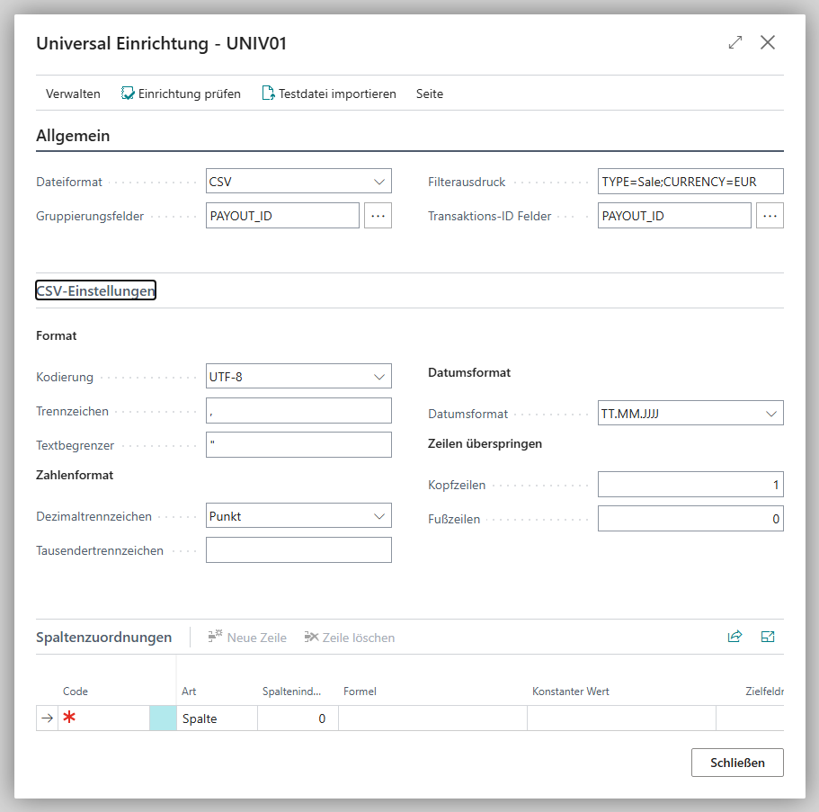 Die Seite Universal Banking Provider Einrichtung mit Dateiformat, Gruppierungsfeldern, Filterausdruck und Transaktions-ID Feldern sowie den Aktionen Einrichtung prüfen und Testdatei importieren