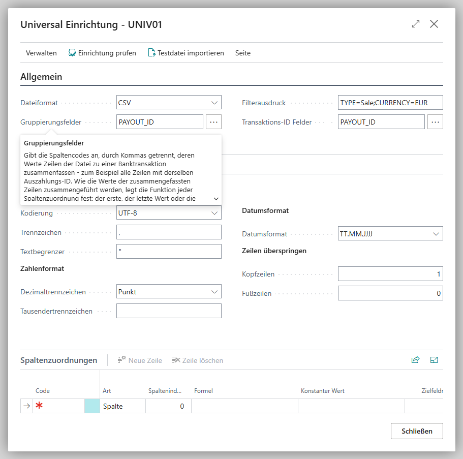 Tooltip des Felds Gruppierungsfelder auf der Seite Universal Banking Provider Einrichtung