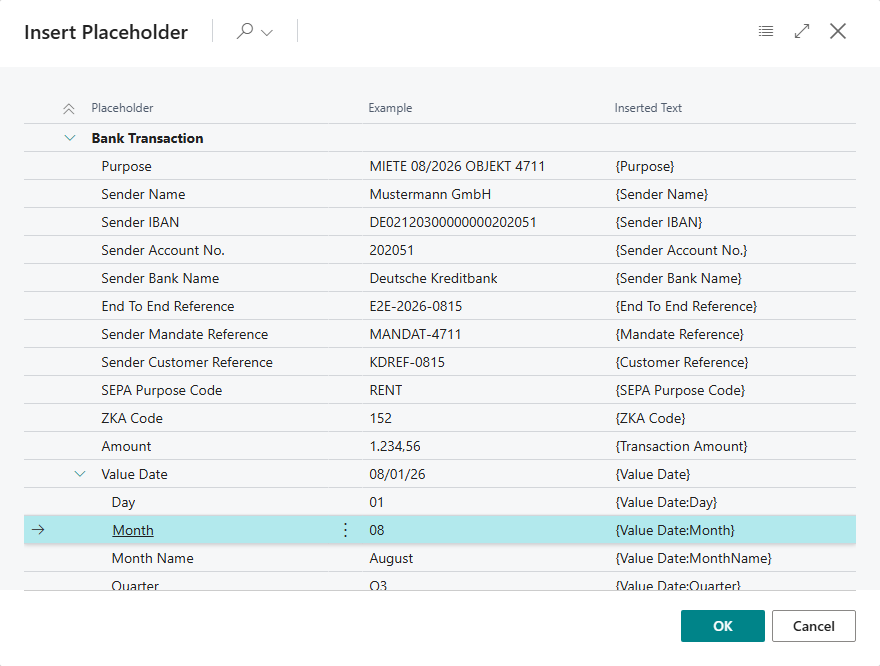 The Insert Placeholder list: the Bank Transaction group with its placeholders, their example values and the inserted text, below Value Date its parts such as Day, Month, Month Name and Quarter