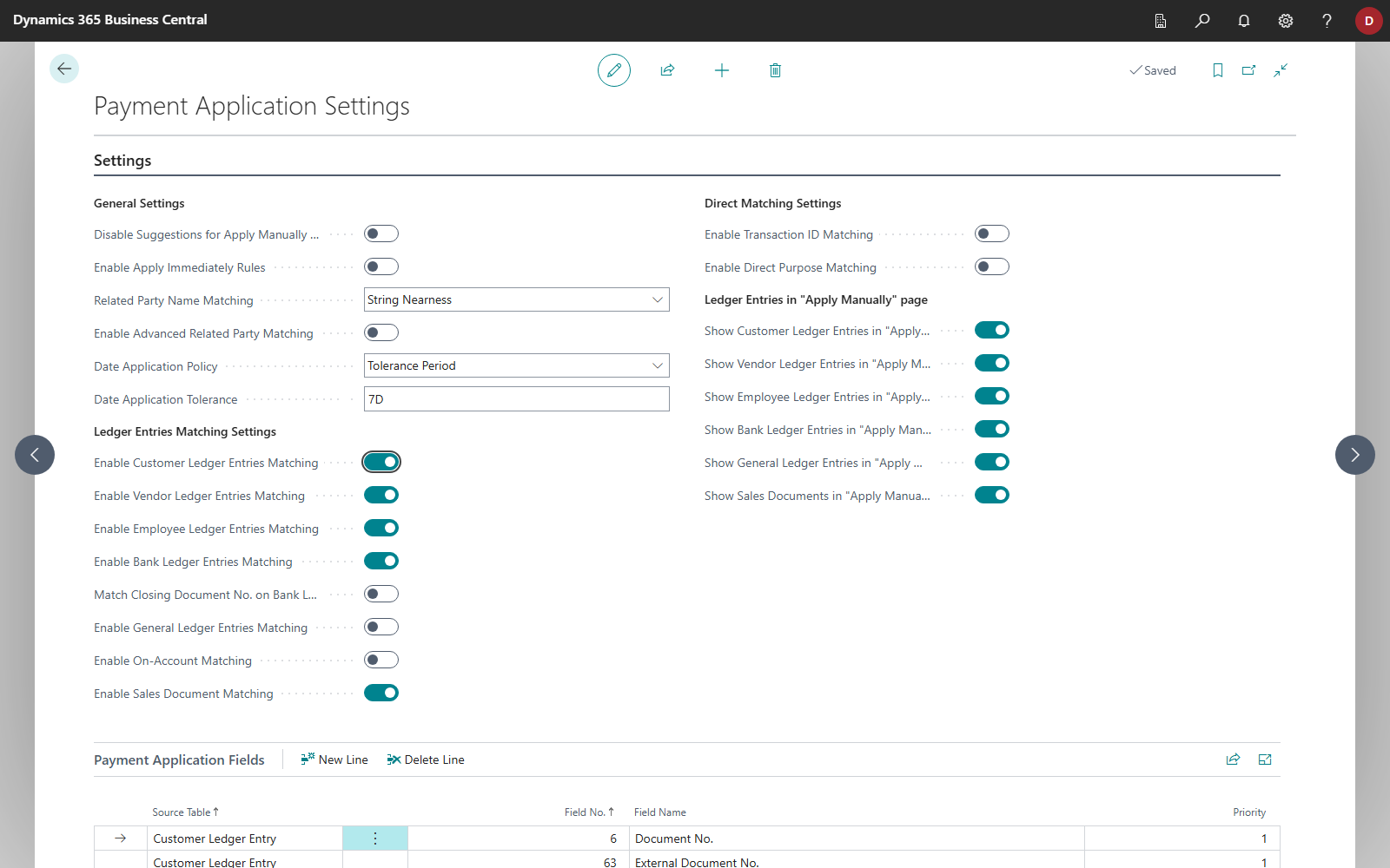 Payment Application Settings with Date Application Policy Tolerance Period and Date Application Tolerance 7D