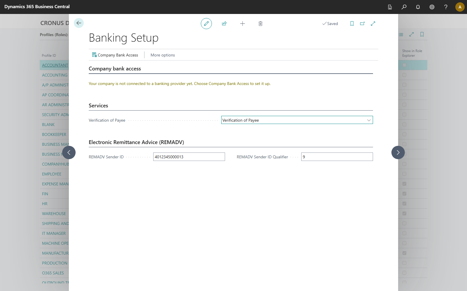 Banking Setup with the Electronic Remittance Advice (REMADV) group: REMADV Sender ID and REMADV Sender ID Qualifier