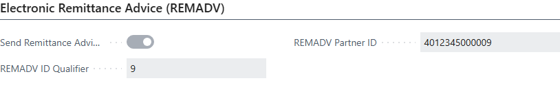 Customer card with the Electronic Remittance Advice (REMADV) group: Send Remittance Advice (REMADV), REMADV ID Qualifier and REMADV Partner ID
