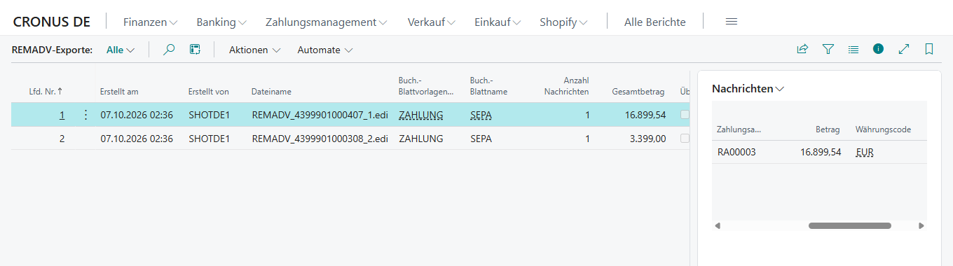 Seite REMADV-Exporte mit Dateiname, Erstellt am/von, Buch.-Blattname, Anzahl Nachrichten, Gesamtbetrag, Übertragen sowie der Infobox Nachrichten