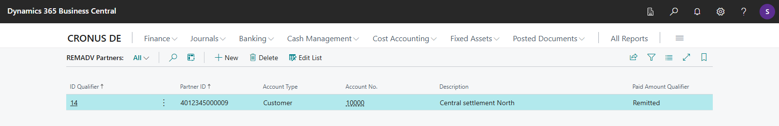 REMADV Partners page with ID Qualifier, Partner ID, Account Type, Account No., Description and Paid Amount Qualifier