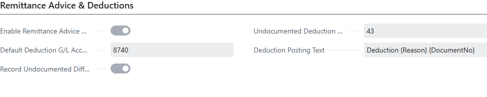 Payment Application Settings with the Remittance Advice & Deductions group: Enable Remittance Advice Matching, Default Deduction G/L Account No., Record Undocumented Difference as Deduction with Undocumented Deduction Reason and Deduction Posting Text