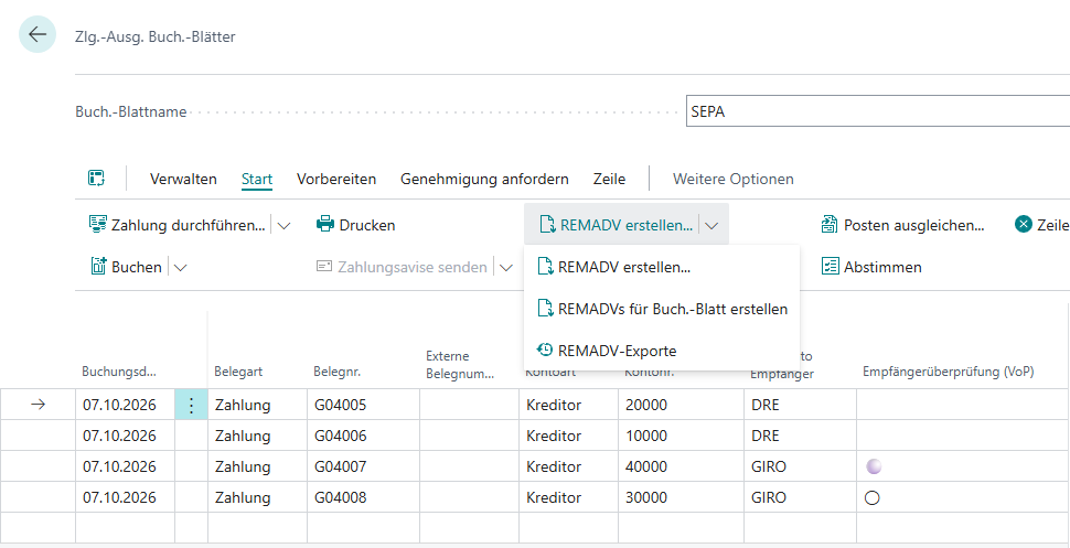 Zlg.-Ausg. Buch.-Blatt mit den Aktionen REMADV erstellen (Zeile), REMADVs für Buch.-Blatt erstellen und REMADV-Exporte