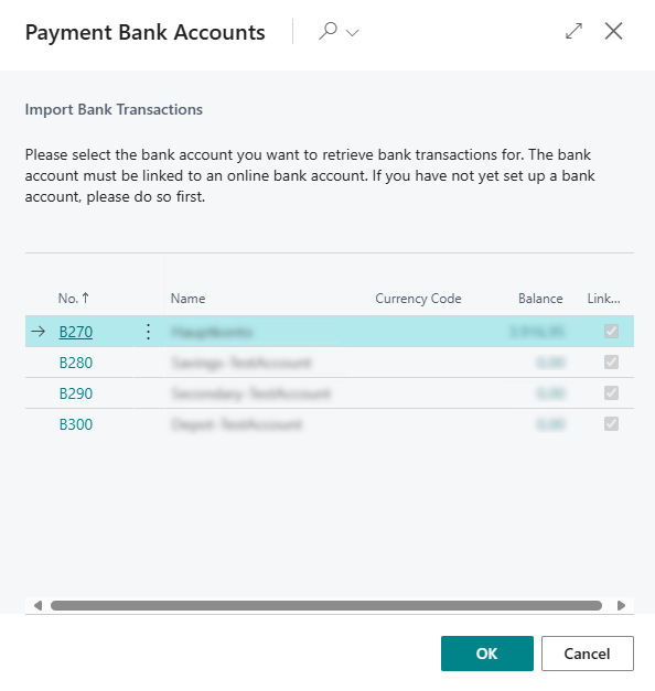 Bankkonto für Banktransaktionsabruf auswählen