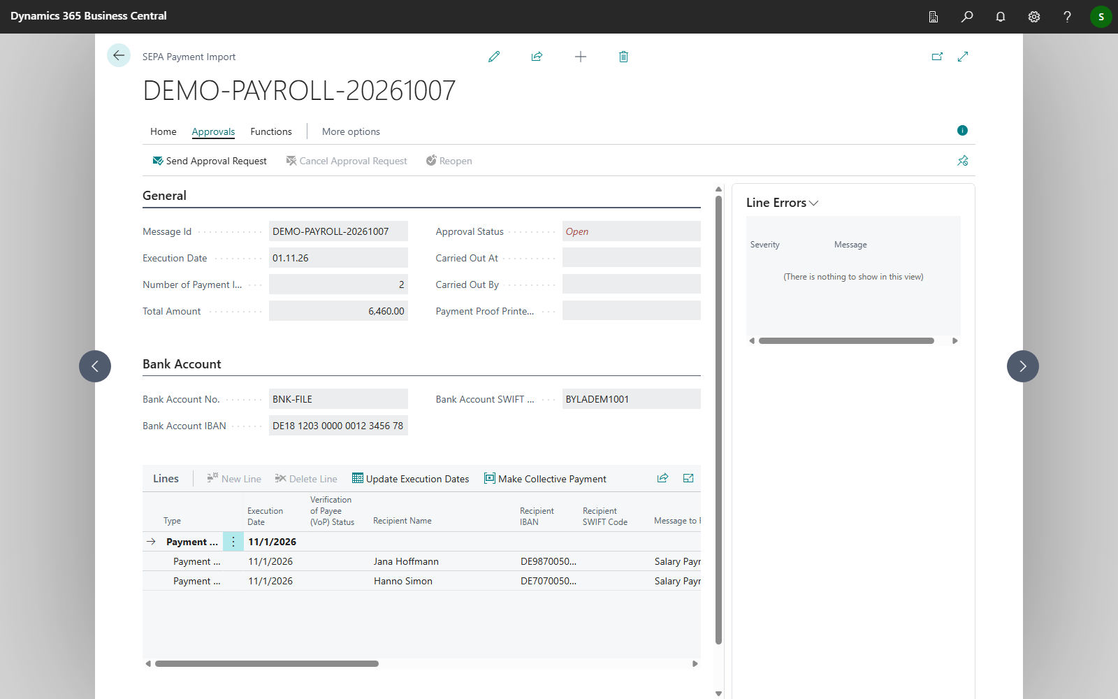 A SEPA payment import with the Send Approval Request action on the Approvals tab and the Approval Status Open