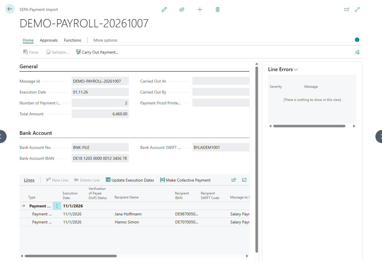 The lines of a SEPA payment import with the Verification of Payee (VoP) Status column, which is empty before the first check