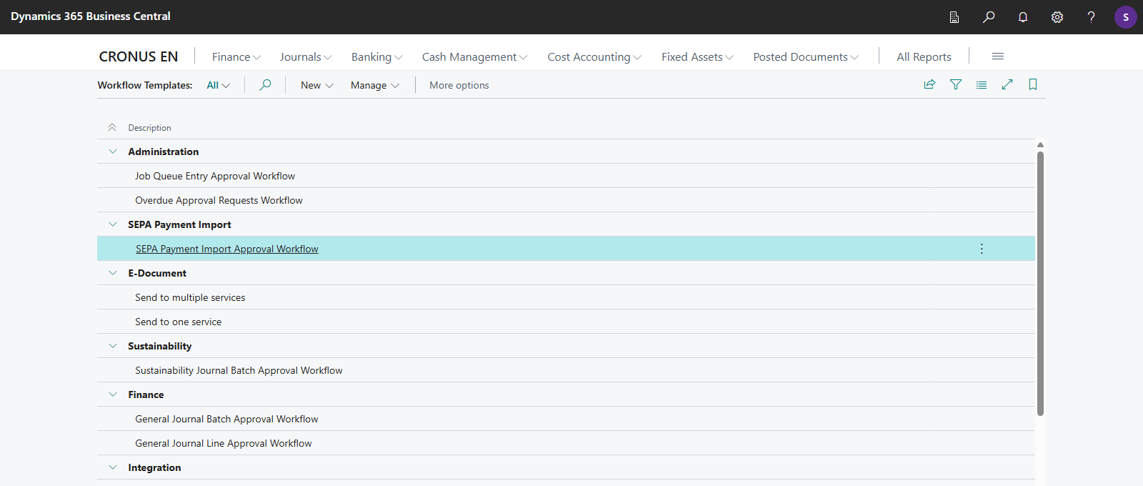 The Workflow Templates with the category SEPA Payment Import and the template SEPA Payment Import Approval Workflow