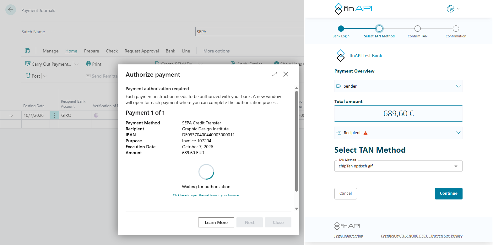 The Authorize payment dialog next to the bank's web form with the selection of the TAN method