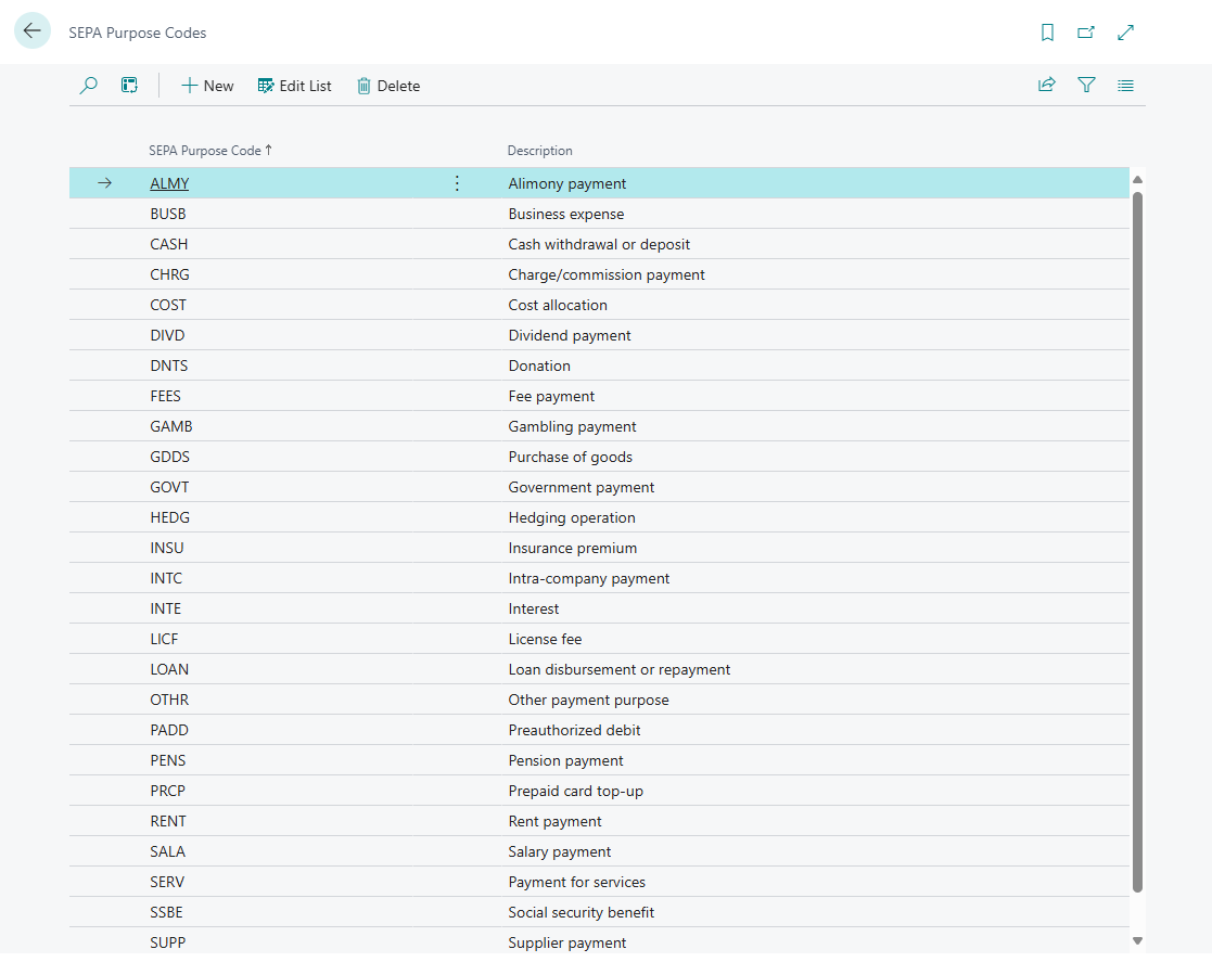 SEPA Purpose Codes verwalten