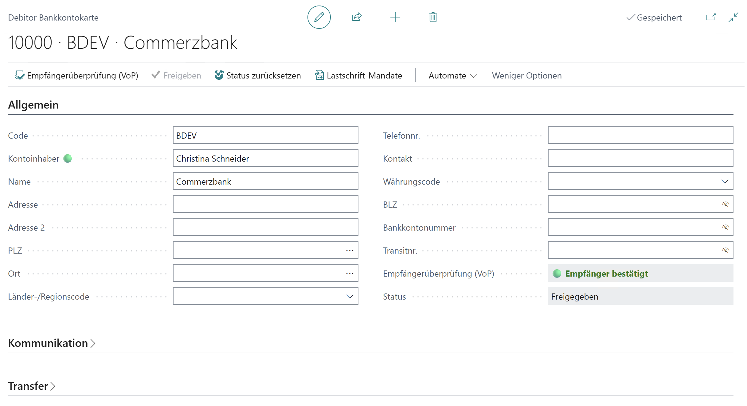 Empfängerüberprüfung (VoP) in 365 business Banking
