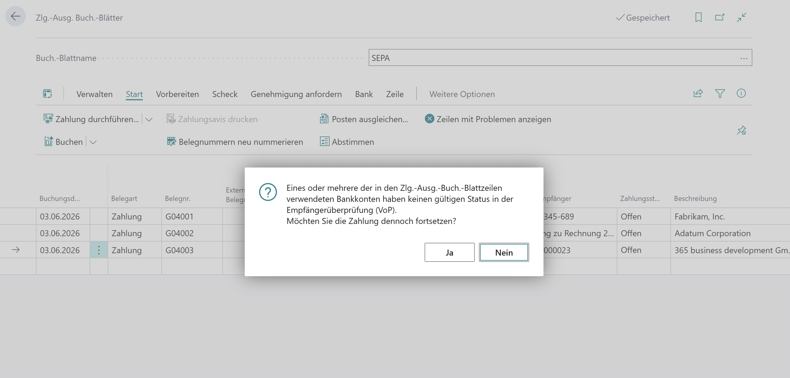 VoP Warnung im Zahlungsjournal