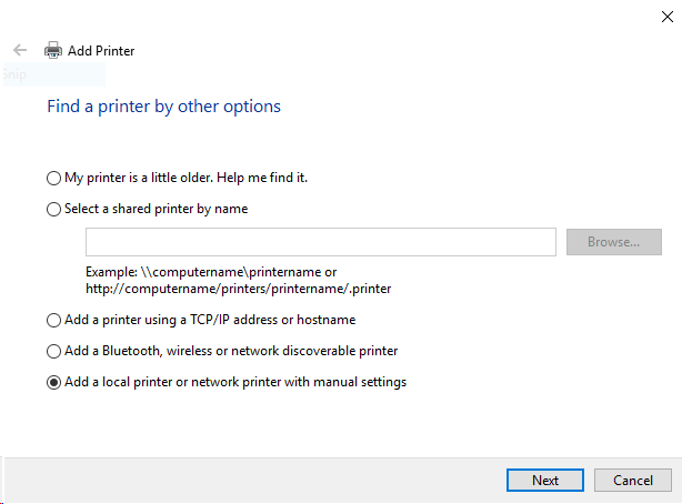 Find a printer by other options dialog