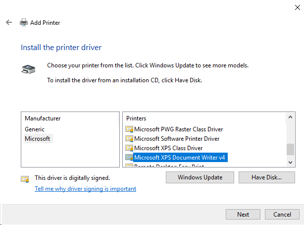 Install the printer driver dialog