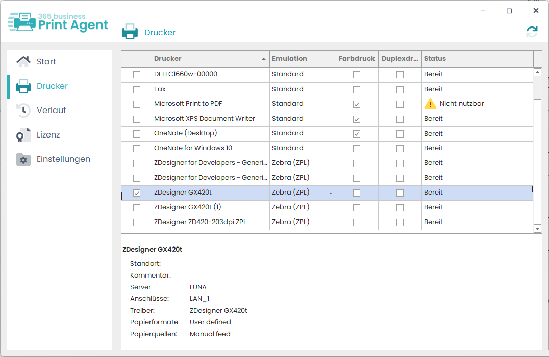 Print Agent Emulation Auswahl