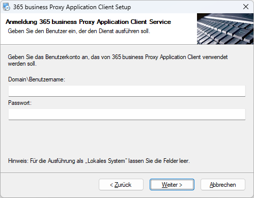 Proxy Application Client Installation - Anmeldung